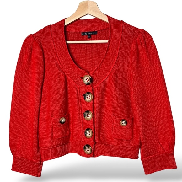 ANNE KLEIN Cotton / Silk Blend Button Front Cropped Cardigan Coral Red US Sz L - Picture 3 of 9